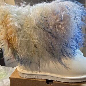 BEARPAW Boo Real Lamb Fur Lined Boots White / Rainbow Women's Size 6 NEW RARE